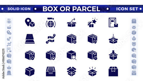 Box or Parcel solid icon vector set. Containing storehouse, stock, package storage, machine, process, cargo truck, courier, step, and productivity, forklift, freight, lorry, moving.
