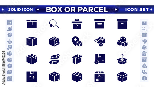 Box or Parcel solid icon vector set. Containing storehouse, stock, package storage, machine, process, cargo truck, courier, step, and productivity, forklift, freight, lorry, moving.
