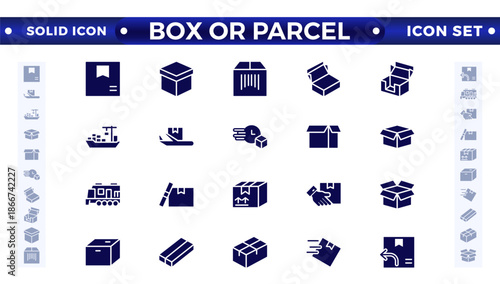 Box or Parcel solid icon vector set. Containing storehouse, stock, package storage, machine, process, cargo truck, courier, step, and productivity, forklift, freight, lorry, moving.
