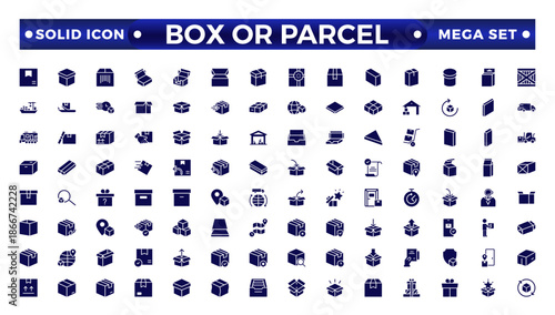 Box or Parcel solid icon vector set. Containing storehouse, stock, package storage, machine, process, cargo truck, courier, step, and productivity, forklift, freight, lorry, moving.
