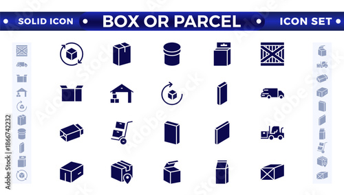 Box or Parcel solid icon vector set. Containing storehouse, stock, package storage, machine, process, cargo truck, courier, step, and productivity, forklift, freight, lorry, moving.
