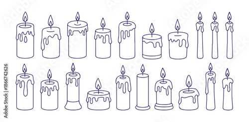 Dripping wax candle line art icons with melting texture and burning flames in blue outline style