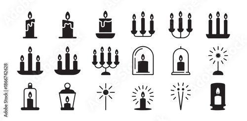 Candle icon set with various shapes including holders lanterns and candelabras in black silhouette