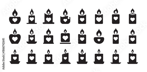 Heart candle icons set for valentines day romance and wedding anniversary celebration design themes