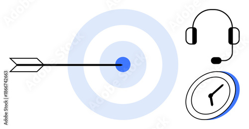 Business success, goal achievement, communication, time management, customer support, productivity. Arrow hitting a target, clock headset. Goal achievement and business productivity concept