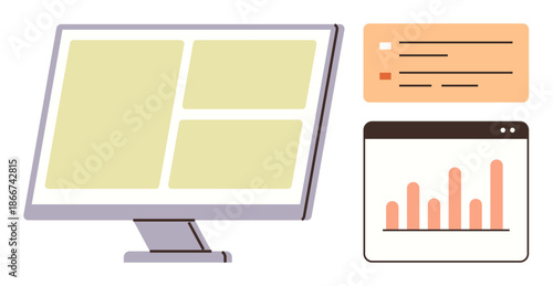 Data analysis, visual reporting, business strategy, digital tools, productivity, user experience. Computer monitor with charts and graphs. Data analysis and visual reporting concept