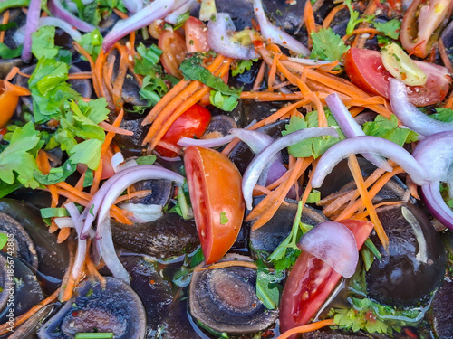 preserved egg,Century eggs are seasoned with a spicy Thai herb-infused chili powder.