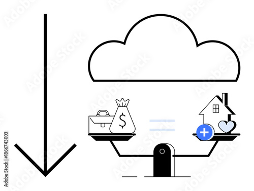 Financial balance. Financial resources weighed against life and well-being under a cloud computing symbol. Financial balance concept for online storage, budgeting, insurance, remote work, and digital