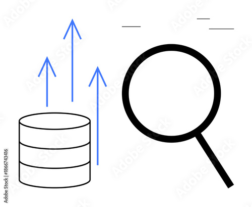 Database with upward arrows signaling growth next to a magnifying glass for analysis, insight, and data evaluation. Ideal for data analysis, growth, statistics, business monitoring, research, big