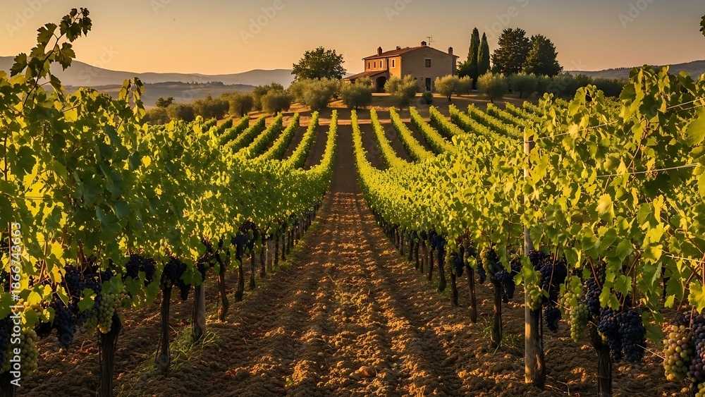 Naklejka premium Tuscan vineyard at sunset with a farmhouse.
