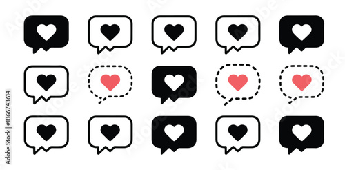 Collection of heart icons in speech bubbles and decorative elements for social media