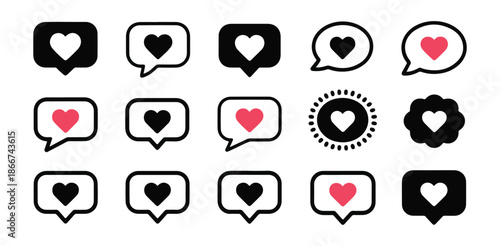 Set of heart icons in speech bubbles and decorative elements for social media