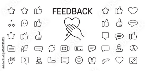 Feedback and social media icons including stars thumbs up heart and chat bubbles