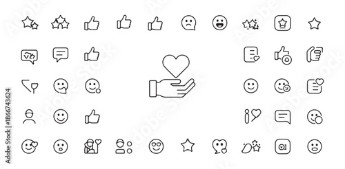 Social media and user feedback icons with stars smiles thumbs up and hearts