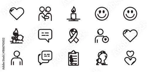 Outline collection of fifteen thin line icons representing care relationships communication health emotion and support vector.