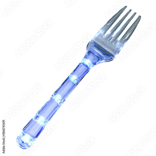Glowing futuristic fork light up neon utensil isolated on white background