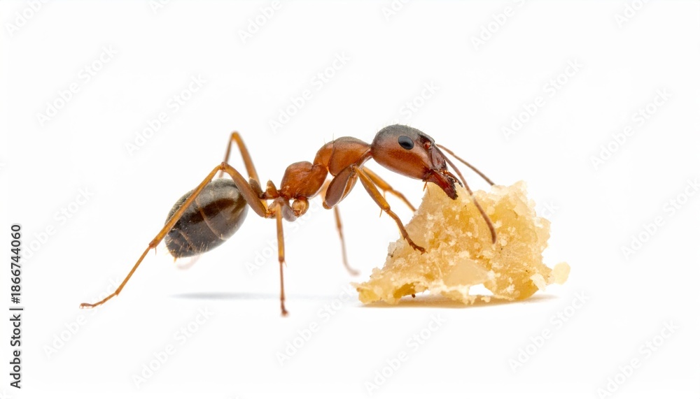 Fototapeta premium Two ants interacting with honeycomb on white background.