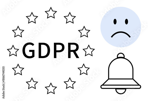 GDPR compliance. GDPR illustrated with stars the EU, a sad face, and a notification bell. s online privacy laws and user awareness. Ideal for legal, tech, and data privacy projects