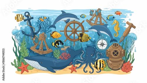 Underwater scene with marine life and nautical elements.