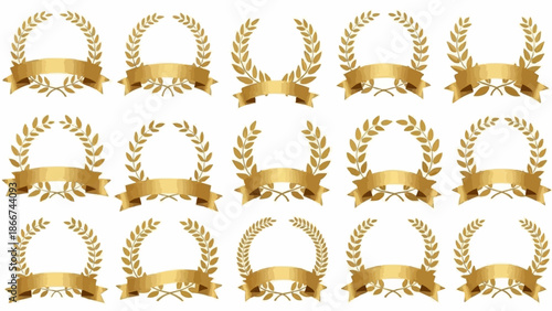 Collection of Golden Laurel Wreaths with Ribbons for Awards and Recognition.