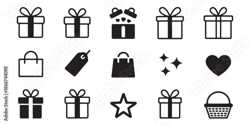 Gift box and shopping bag silhouette icons with heart star sparkle and retail basket symbols