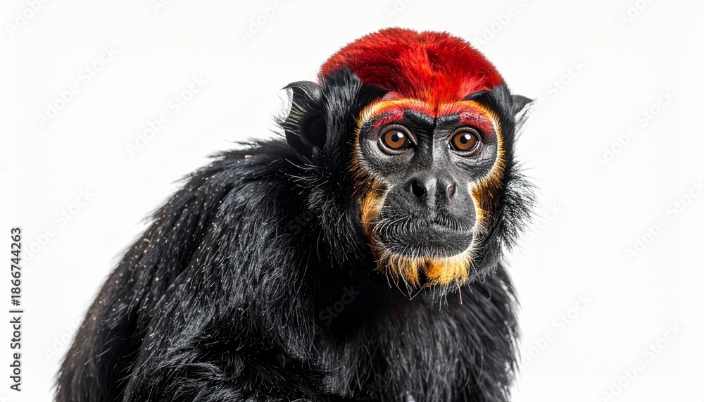 Fototapeta premium Portrait of a majestic black crested monkey with vibrant red fur on its head.