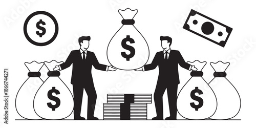 Business men holding huge money bags and standing near stacks of cash and financial symbols