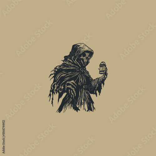 Vintage hand-drawn engraving of a creepy, hooded skeleton figure with a plague doctor mask holding a glowing lantern in the dark.