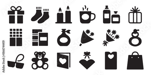 Collection of gift and romance related icons for holidays and celebrations