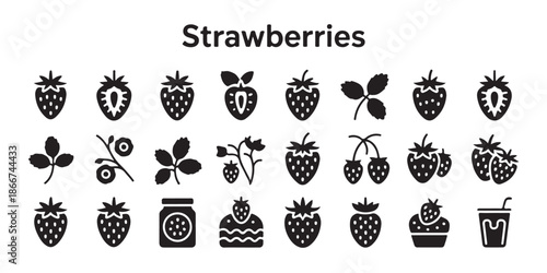 Various fresh strawberry icons including whole sliced leaves and products