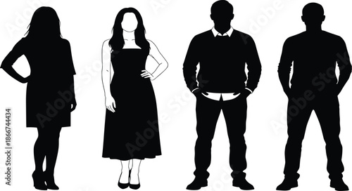 Silhouette people, fashion posture, casual formal mix, standing figures, black vector, flat design, outfit variety, character style, gesture diversity, modern look