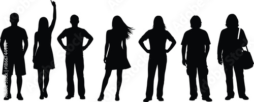 Silhouette people, diverse posture, fashion style, standing figures, black vector, flat design, character mix, casual outfit, modern look, gesture variety