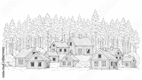 Hand drawn sketch of a village nestled among pine trees.