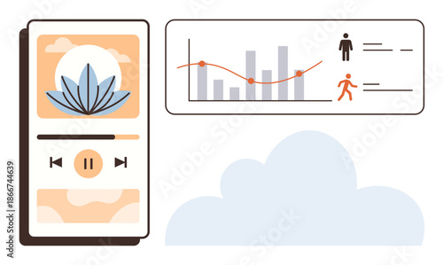 Fitness, health apps, data monitoring, wellness, meditation, productivity. Fitness analytics and meditation audio visuals. Health apps and fitness tracking concept