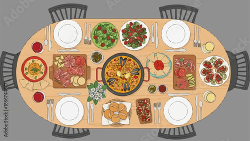 Overhead view of a beautifully set dining table with a variety of delicious food dishes.