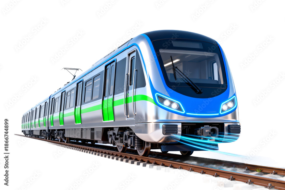 Fototapeta premium Modern Blue and Green Subway Train on Tracks