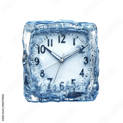 Square ice clock frozen surreal timepiece isolated on white background
