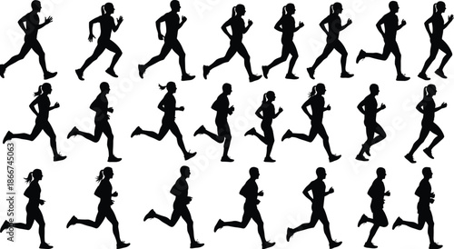 Silhouette runners in motion, athletic men and women jogging outdoors, fitness training illustration showing dynamic running poses for sports, health, exercise design