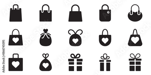 Shopping bag and gift icons collection set with heart details perfect for retail and holiday theme