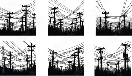 Silhouette scene of dense utility poles and overhead power lines, detailed electrical infrastructure illustration showing complex tangled cable network in urban environment
