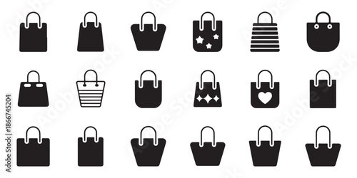 Various styles of shopping bags flat and outline icons for retail purchase and merchandise