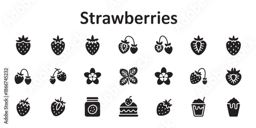 Strawberries icon set including fresh berries flowers jam jar cake and dessert illustration