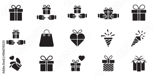 Gift box icon collection featuring hands holding presents party poppers and heart packaging