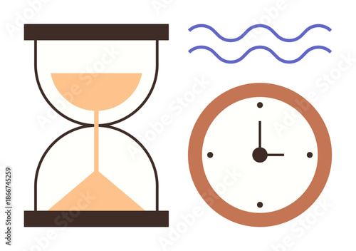 Time management, productivity, efficiency, planning, scheduling, deadlines. An hourglass, clock and wavy lines time measurement. Time management and productivity concept