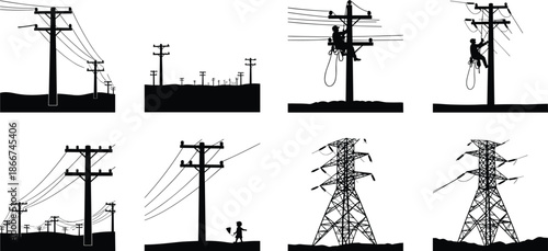 Silhouette set of electrical utility poles, high voltage power towers, lineman working on wires, industrial energy infrastructure, and transmission lines,