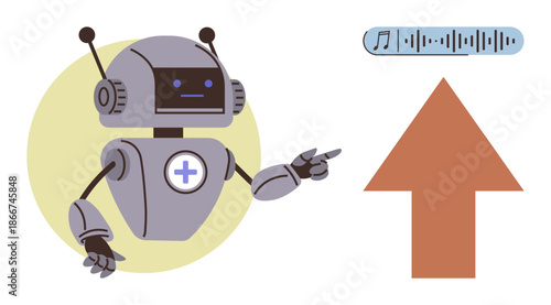 Artificial intelligence, healthcare technology, guidance, data analysis, communication, robotics. A robot with a medical cross symbol points at an upward arrow with an audio waveform. Artificial