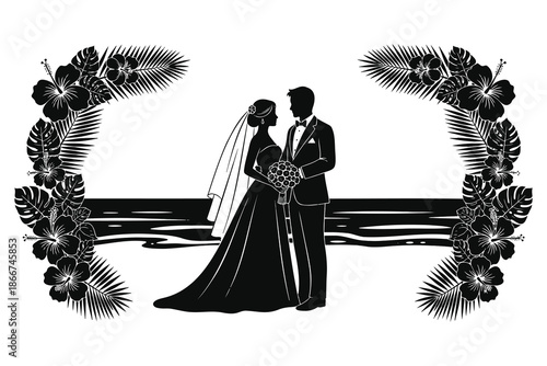 black and white illustration of a wedding couple standing together with floral arch on beach