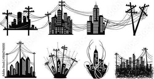 Silhouette urban city skyline with tangled power lines and utility poles, detailed electrical infrastructure illustration, complex overhead cable network artwork scene