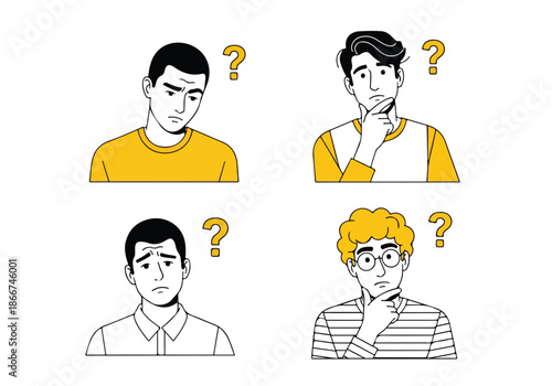 Confused men in various poses - Lifestyle Illustration, Flat Line Art, Flat Style Illustration, Flat Line Illustration, Cartoon Line Illustration, Modern Outline Flat Illustration