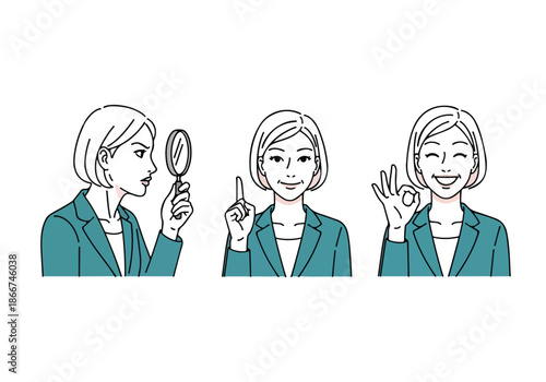 Woman assessing and approving - Lifestyle Illustration, Flat Line Art, Flat Style Illustration, Flat Line Illustration, Cartoon Line Illustration, Modern Outline Flat Illustration